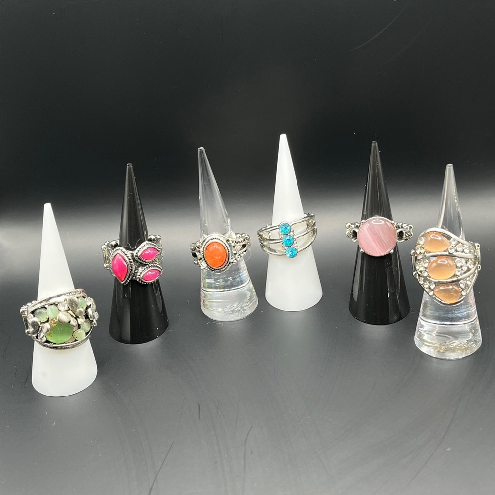 6 Stretchy Mixed Gemstone Silver Rings Set — Pink, Green, Orange, Blue, Peach